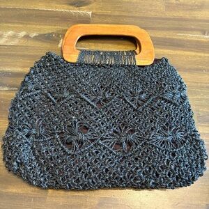 Vintage Raffia Crochet Woven Basket Straw Wood Handles 60’s Black Macrame Tote